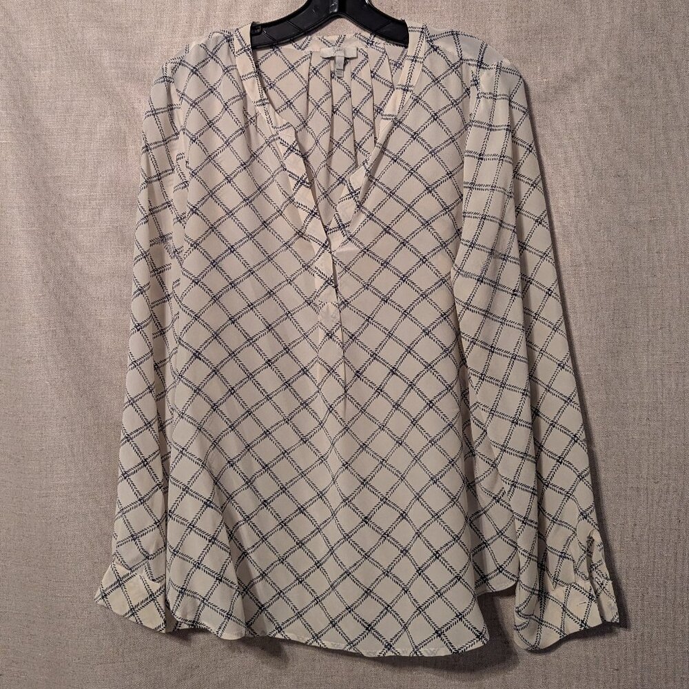 Joie 100% Silk Cream & Navy V-Neck Blouse, Size L